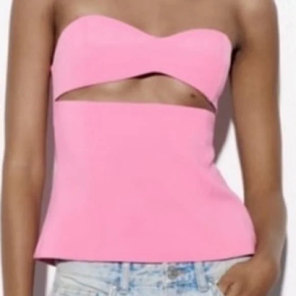 NWT Zara Barbie Pink Strapless Corset top with cut out fitted crop top L - Picture 8 of 9